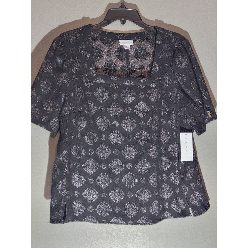 Liz Claiborne, Women's Large‎ Square Neck, Short Sleeve Blouse Black NWT